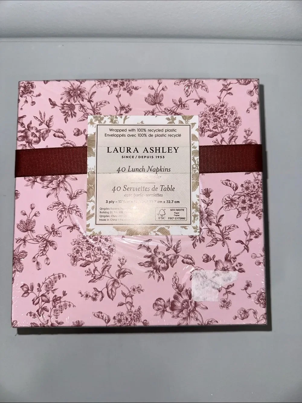 LAURA ASHLEY pink burgundy toile floral 40 x 2 Square & Guest Napkins in a Box